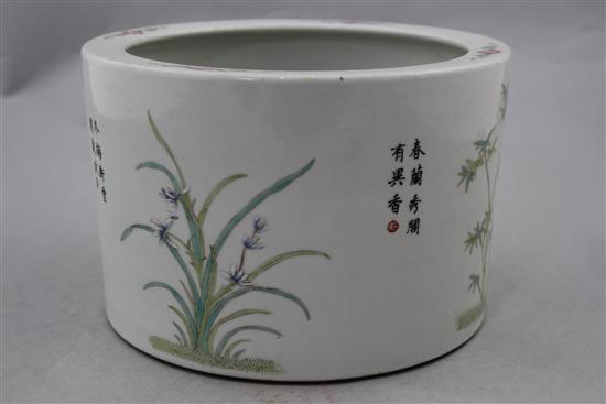 A Chinese famille rose cylindrical brush pot, 21.5cm diam.